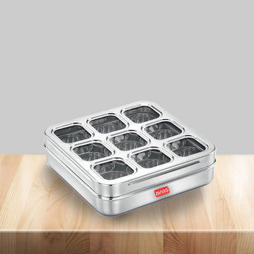AVIAS stainless steel dry fruit cum spice box with 9 square compartments